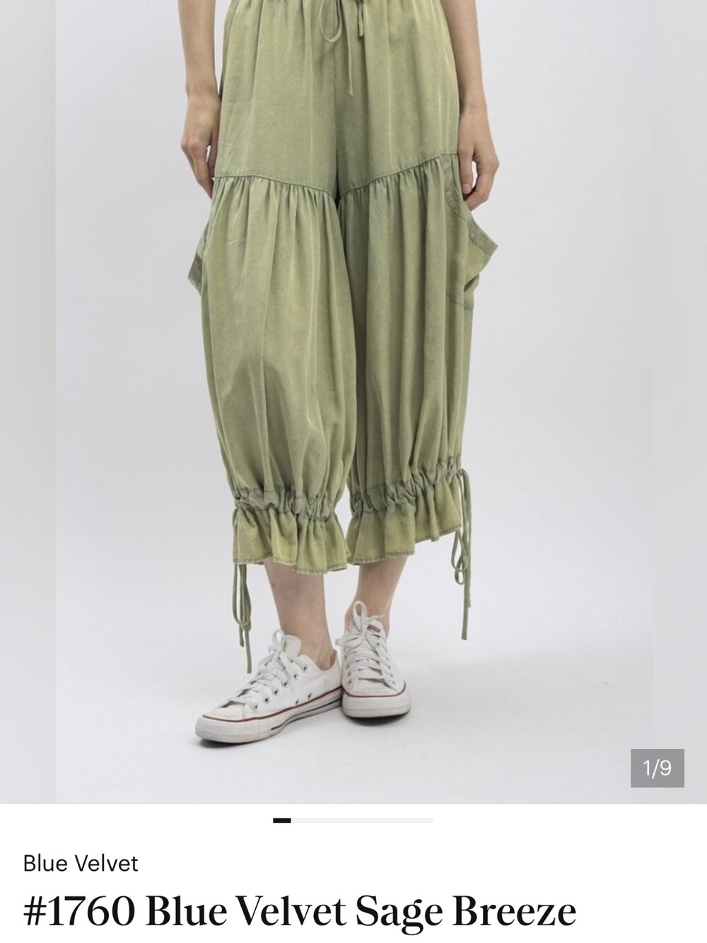 Velvet Sage Green Balloon Crop Pants with Drawstring Hem